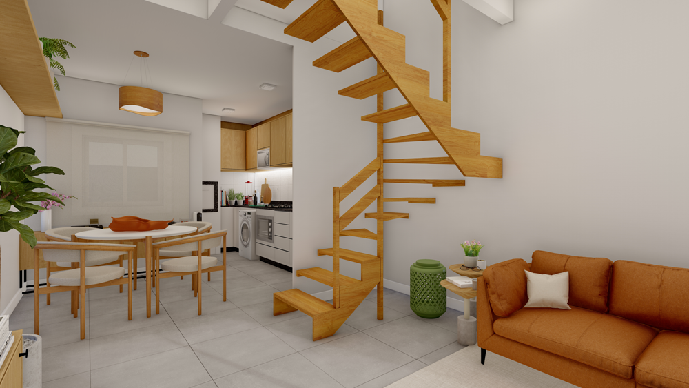 Sala de estar integrada com cozinha e escada