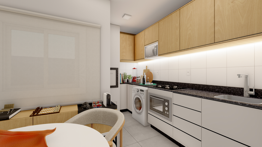 Cozinha compacta planejada com bancada em pedra