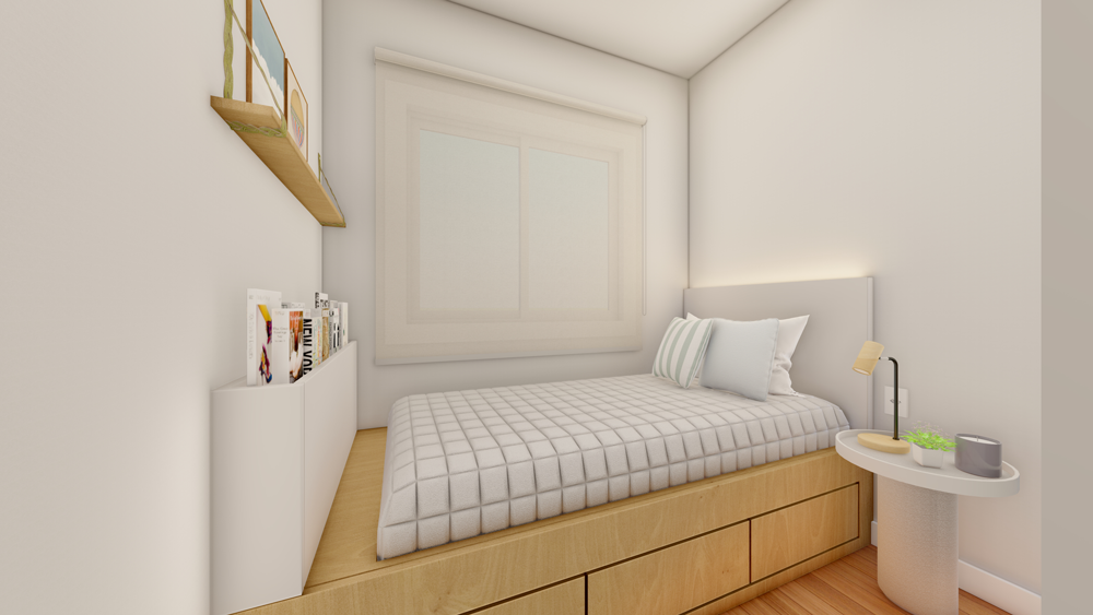 Dormitório solteiro com cama e marcenaria