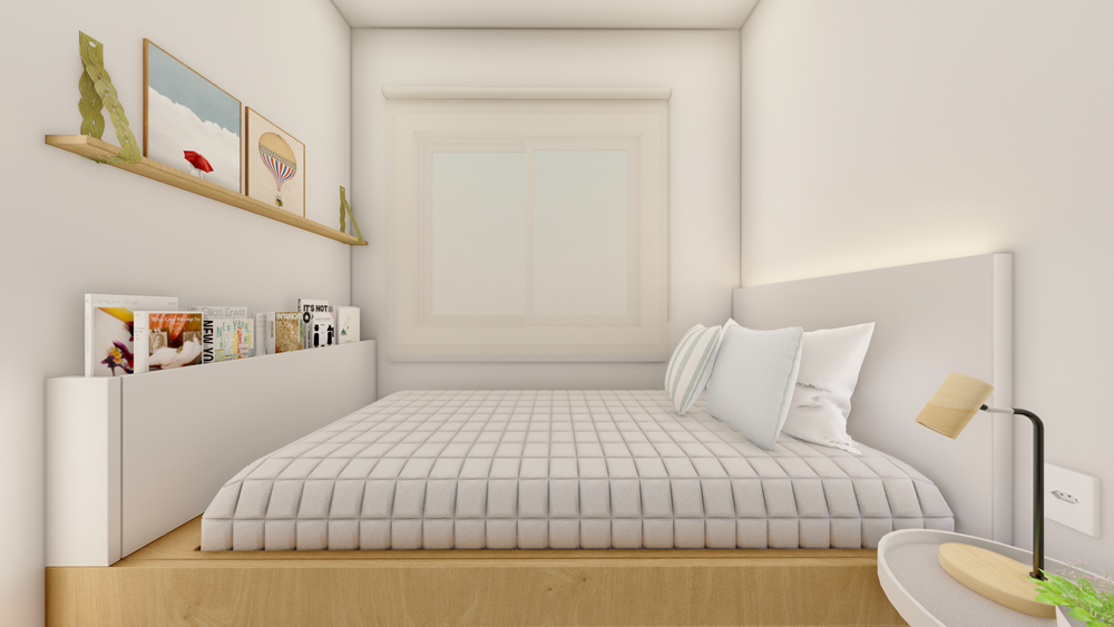 Quarto compacto decorado com nichos e cama
